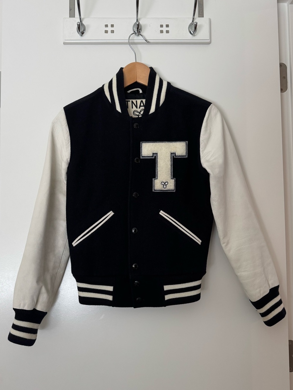 TNA Aritzia Varsity Bomber Jacket Wool Blend White Sleeves Women’s XS
